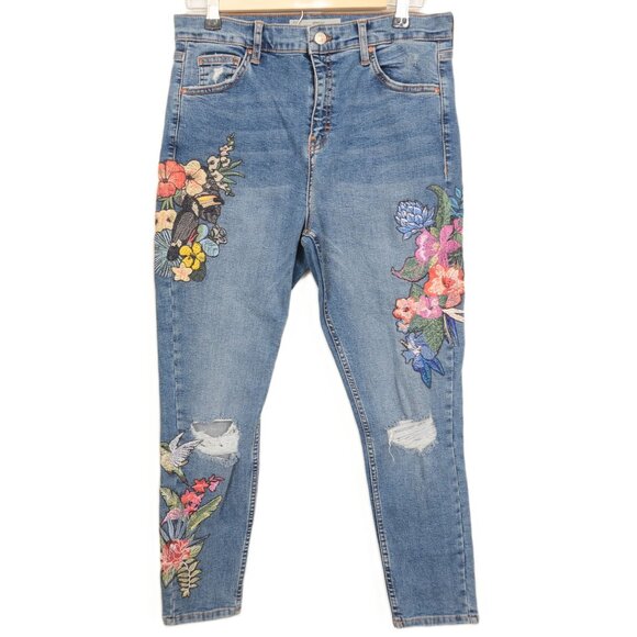 Topshop MOTO  Jamie Tropical Bird Floral Embroidered Denim Jeans Women's 32X30 - Picture 1 of 16